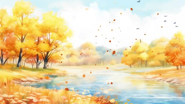 autumn landscape with sparkling water and falling leaves. Cartoon or Japanese anime watercolor painting illustration style. seamless looping overlay 4k virtual video animation background 