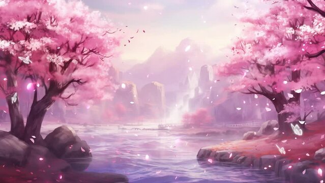Beautiful fantasy spring nature landscape and cherry. 
 spring nature scene in pink color. seamless looping overlay 4k virtual video animation background 