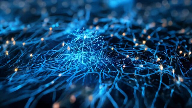 Connections and data paths on a circuit board emitting blue light, suggesting the complexity of electronics and information transmission.
