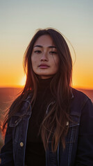 Fototapeta premium Asian businesswoman portrait looking confident on a sunset copy space background