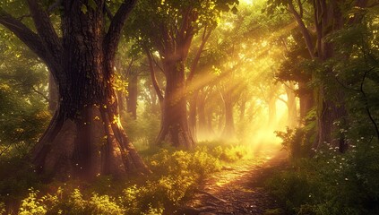 Sunlight through trees in a forest.