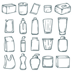 Packaging Doodles sketch style set. Plastic bottle, tube, jar, cardboard box, package, various packaging hand drawn collection. Household goods packaging ink line, isolated vector illustration