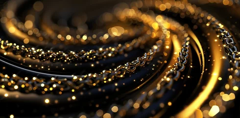 Foto op Plexiglas Gold chains on a black background with sparkles. The concept of wealth and status. © volga