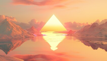 Triangle against a setting sun and reflection in water between snowy mountains. The concept of a mystical landscape.