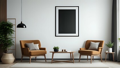 Blank horizontal poster frame mock up in scandinavian style living room interior, modern living room interior background, beige sofa and pampas grass, 3d rendering