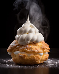 a freshly baked cream puff, showcasing the contrast between the warm pastry and the cool, creamy filling. Generative AI.