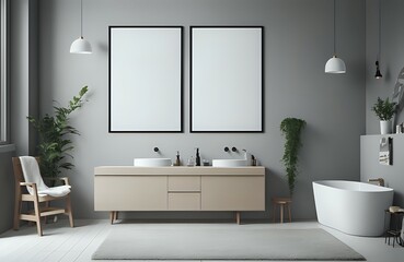 Blank horizontal poster frame mock up in scandinavian style living room interior, modern living room interior background, beige sofa and pampas grass, 3d rendering