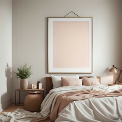 Blank horizontal poster frame mock up in scandinavian style living room interior, modern living room interior background, beige sofa and pampas grass, 3d rendering