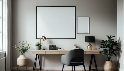 Blank horizontal poster frame mock up in scandinavian style living room interior, modern living room interior background, beige sofa and pampas grass, 3d rendering