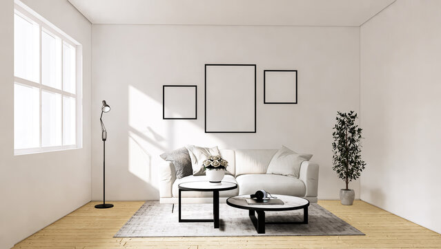 mock up poster frame in modern interior background, living room, Scandinavian style, Sofa, 3D render, 3D illustration