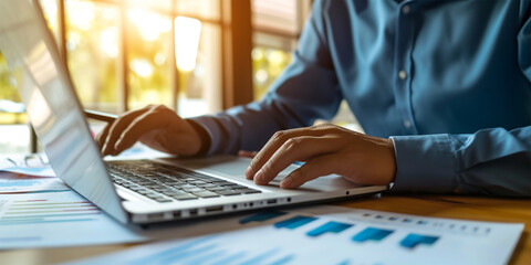 Calculating efficiency: A business man's hands expertly maneuver a calculator and laptop, ensuring meticulous financial management at his office desk.
