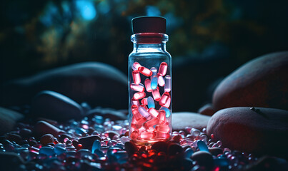 Medicine bottle spilling colorful pills depicting addiction risk Vitamin capsules. Cod liver oil omega 3 gel capsules. Vitamins dietary supplements drugs Pharmacy medicine and health concept. - obrazy, fototapety, plakaty