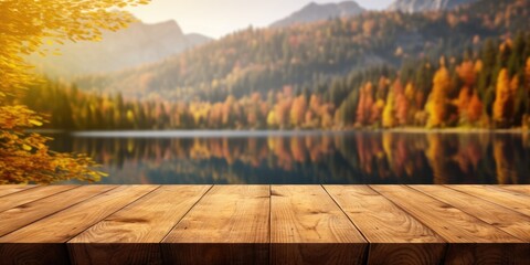 The empty wooden table top with blur background of lake and mountain in autumn. Exuberant image. generative ai - Powered by Adobe