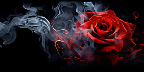 A red rose surrounded by clouds of smoke on a black background. Concept of smoky elegance.
