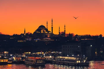 Fototapeten Suleymaniye Mosque and view of the Golden Horn bay at night in Istanbul, Turkey. © smallredgirl