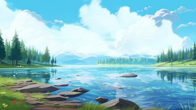 beautiful lake views for fishing spots. Cartoon or animation style. seamless looping overlay 4k virtual video animation background 