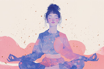 Happy Yoga Girl Illustration - Artistic Representation of Joyful and Peaceful Yoga Practice, Perfect for Wellness and Fitness Themes, Generated AI