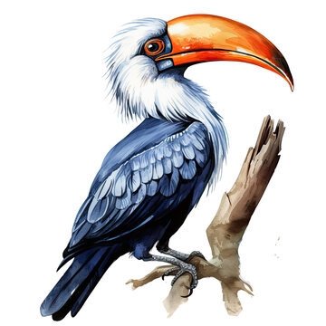 recommend clip art: AI-generated watercolor clipart of a Hornbill bird illustration. Isolated elements on a white background.