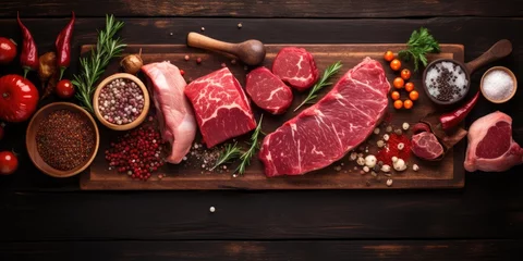 Fotobehang Assorted meats and cooking ingredients on wooden table, top view. © Vusal