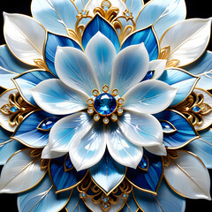 AI prompt: 4K+ graphic of an intricate ragrass flower with mother-of-pearl, gemstones, and gold, capturing a captivating and enchanting atmosphere.(Generative AI)