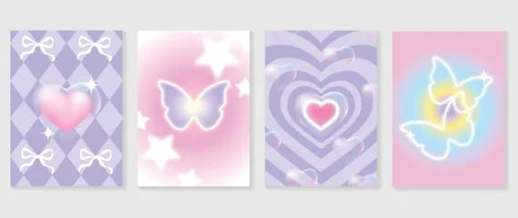 Fototapeten Abstract gradient Y2K style template cover vector set. Happy Valentine's Day decorate with trendy gradient heart, ribbon, bubble, butterfly. Design for greeting card, fashion, commercial, banner. © TWINS DESIGN STUDIO
