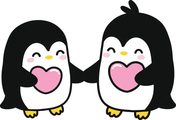 Penguin Couple with Heart and Holding Hands, Cartoon Illustration of Cute Penguins in Love