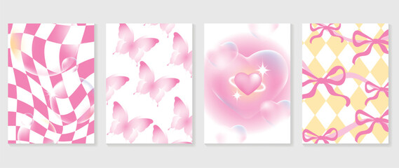 Abstract gradient Y2K style template cover vector set. Happy Valentine's Day decorate with trendy gradient heart, bubble, ribbon, butterfly. Design for greeting card, fashion, commercial, banner.