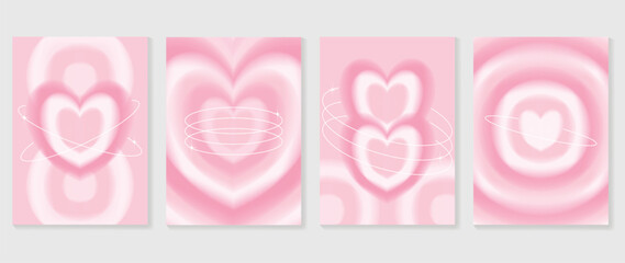 Abstract gradient Y2K style template cover vector set. Happy Valentine's Day decorate with trendy gradient heart pastel y2k pink background. Design for greeting card, fashion, commercial, banner.