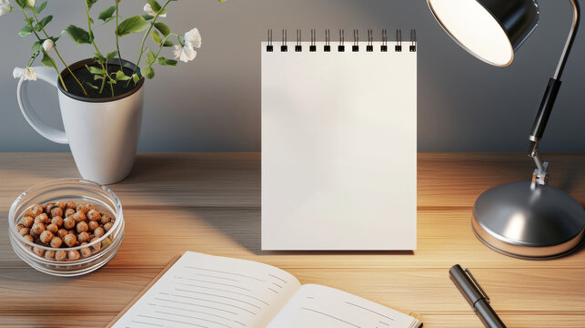 Generative AI image of calendar white on the desk light clear background; on the left cereal bar; on the right corner notebook