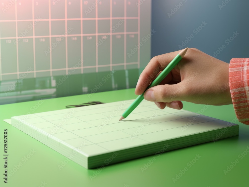 Poster a person writing on a notepad with a green pencil. generative ai.