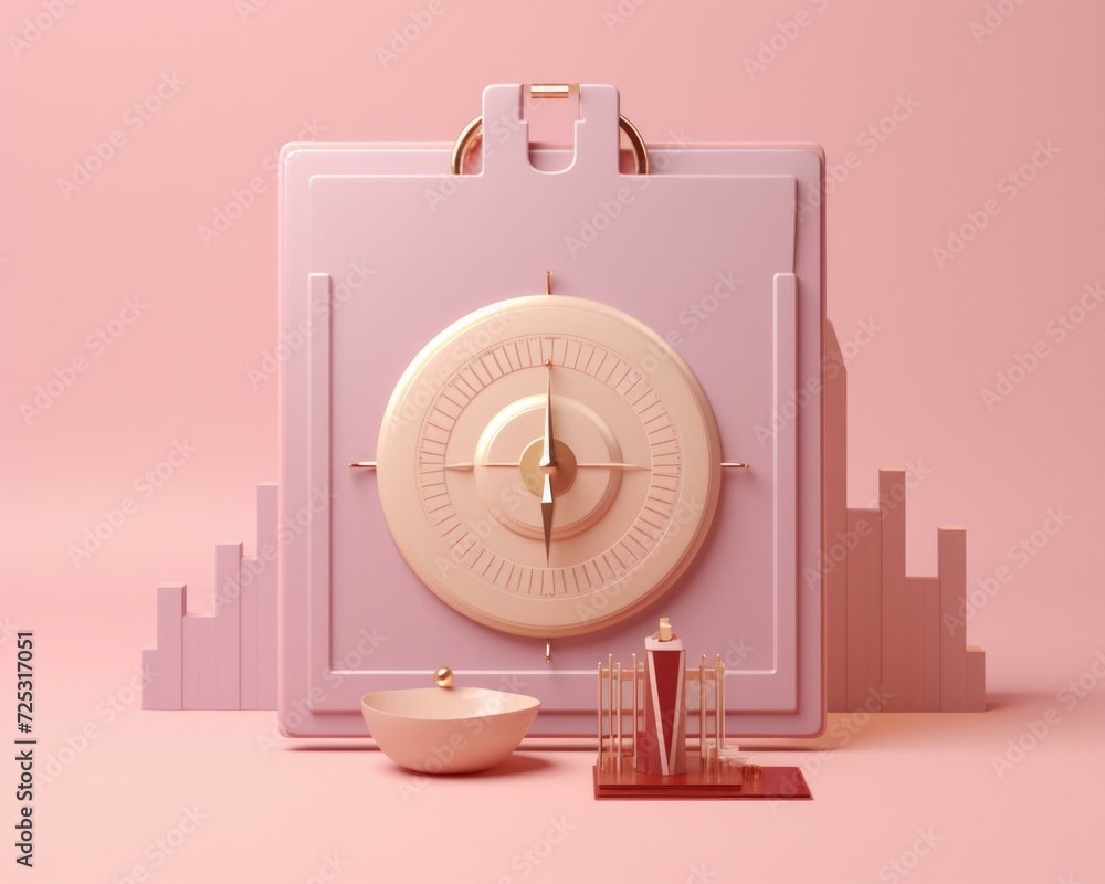 Poster a pink suitcase with a clock and a mirror. generative ai.
