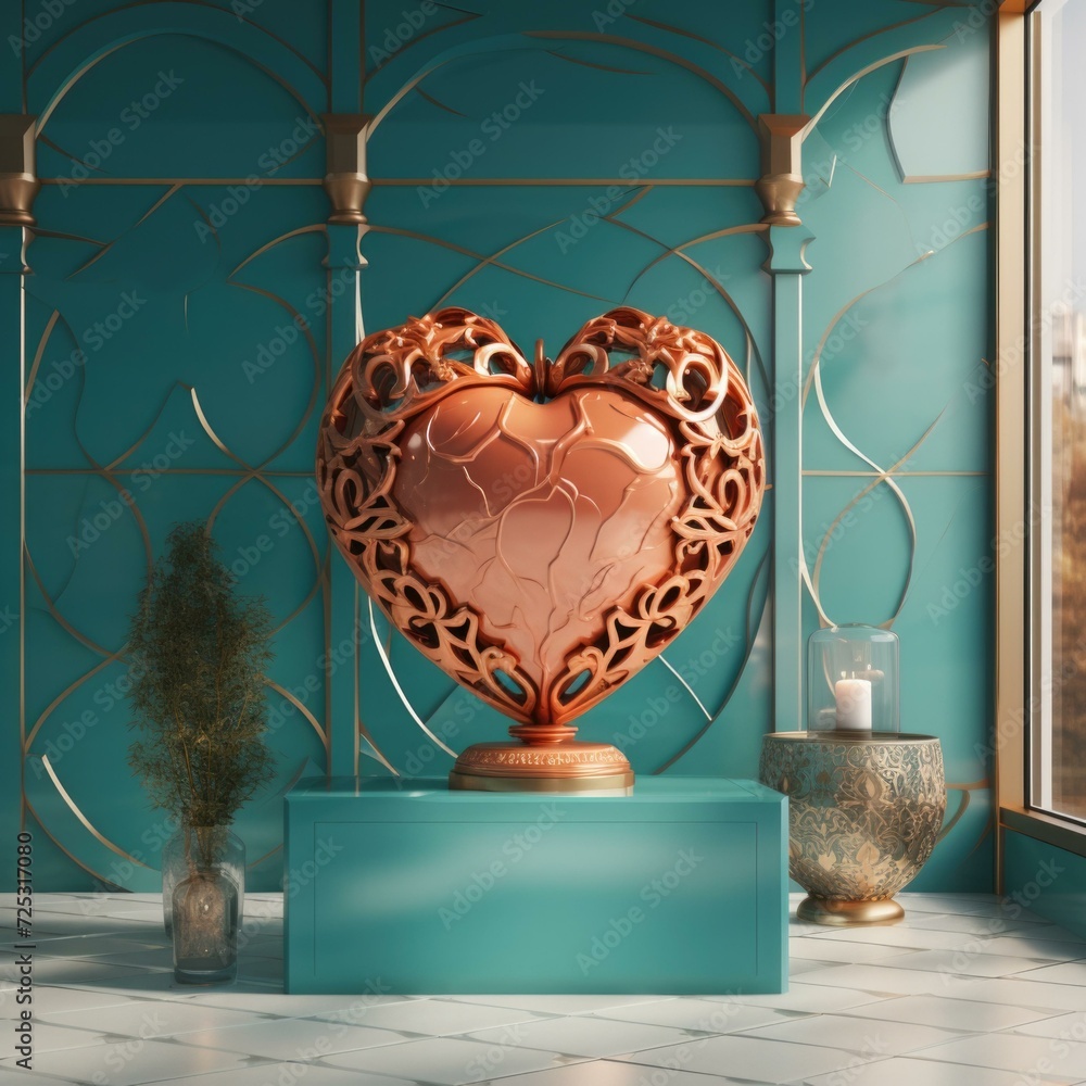 Sticker A heart shaped sculpture in a room with blue walls. Generative AI.