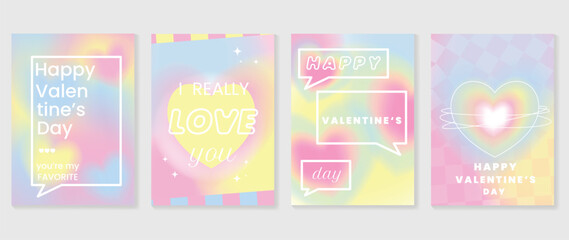 Abstract gradient Y2K style template cover vector set. Happy Valentine's Day decorate with gradient heart, speech bubble, colorful background. Design for greeting card, fashion, commercial, banner.
