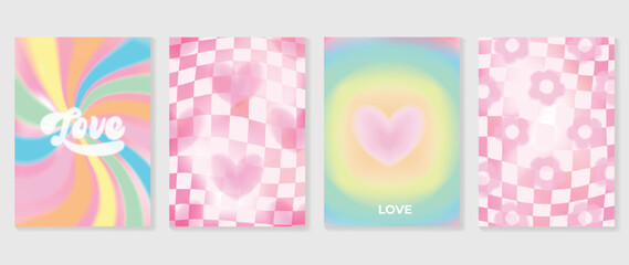 Abstract gradient Y2K style template cover vector set. Happy Valentine's Day decorate with trendy gradient heart, flower, colorful background. Design for greeting card, fashion, commercial, banner.