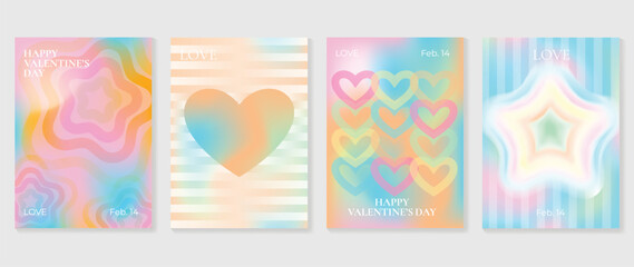 Abstract gradient Y2K style template cover vector set. Happy Valentine's Day decorate with trendy gradient heart, stars, y2k colorful background. Design for greeting card, fashion, commercial, banner.
