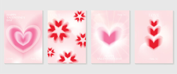 Abstract gradient Y2K style template cover vector set. Happy Valentine's Day decorate with trendy gradient heart, flower, y2k pink background. Design for greeting card, fashion, commercial, banner.
