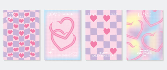 Abstract gradient Y2K style template cover vector set. Happy Valentine's Day decorate with trendy gradient heart vibrant y2k colorful background. Design for greeting card, fashion, commercial, banner.