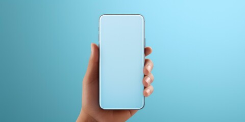 Hand holding blank smartphone on blue background. Generative AI. - obrazy, fototapety, plakaty