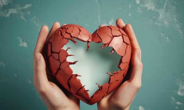 Broken heart in hands with tear in it. Generative AI.