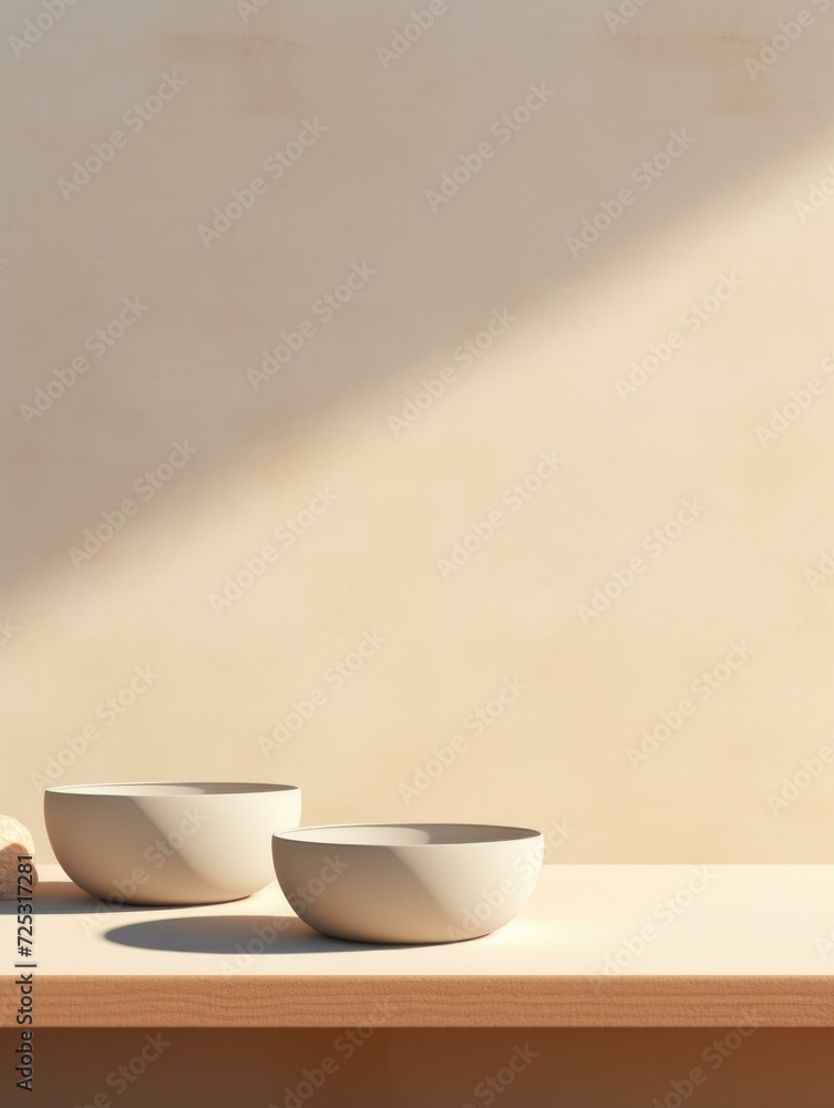 Poster two bowls on a table in front of a wall. generative ai.