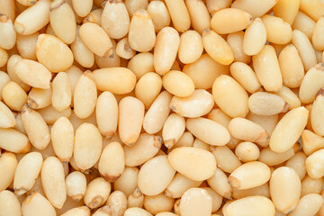 Peeled pine nuts background or texture. Close up, top view.