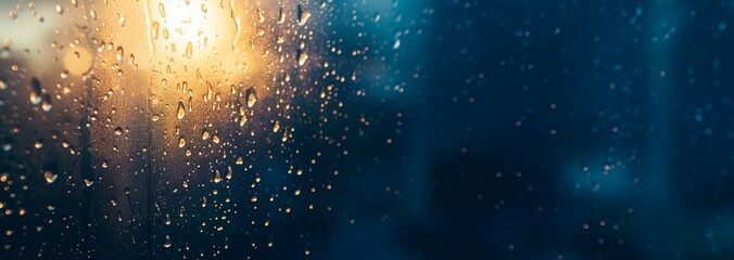 raindrops dropping on window, blurred night city light leak on the background, horizontal banner, large copy space for text  - obrazy, fototapety, plakaty