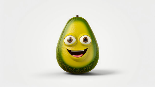 Green avocado with a cheerful face 3D on a white background.