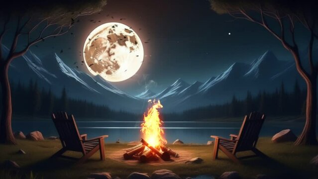 Beautiful night with a campfire by the lake in the moonlight
