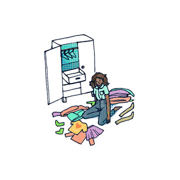 A woman decluttering her wardrobe and looking very cluelessss about it