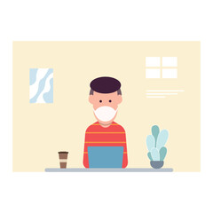 Man at desktop working with laptop Corporate worker Freelancer or office worker. Vector illustration in simple concept flat style