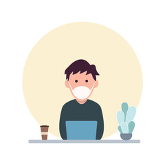 Man at desktop working with laptop Corporate worker Freelancer or office worker. Vector illustration in simple concept flat style