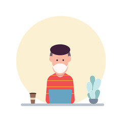 Man at desktop working with laptop Corporate worker Freelancer or office worker. Vector illustration in simple concept flat style