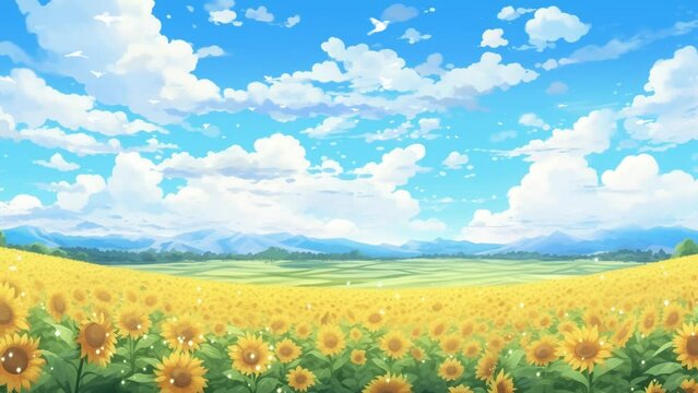 Panoramic view of nature sunflower field and blue sky. cartoon or anime watercolor digital painting illustration style. seamless looping overlay 4k virtual video animation background 