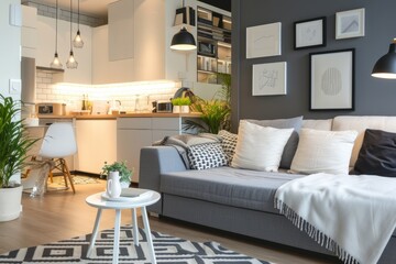 Scandinavian minimalistic style interior of a studio apartment for rent. Living room with sofa and little cosy kitchen
